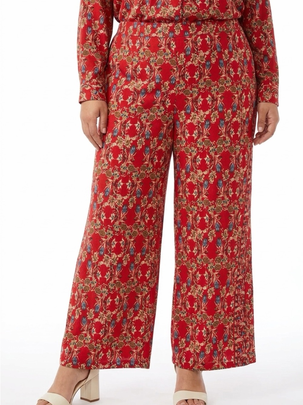 Max Studio Womens Plus 2X Red Floral Cropped Wide Leg Palazzo Pants Pockets